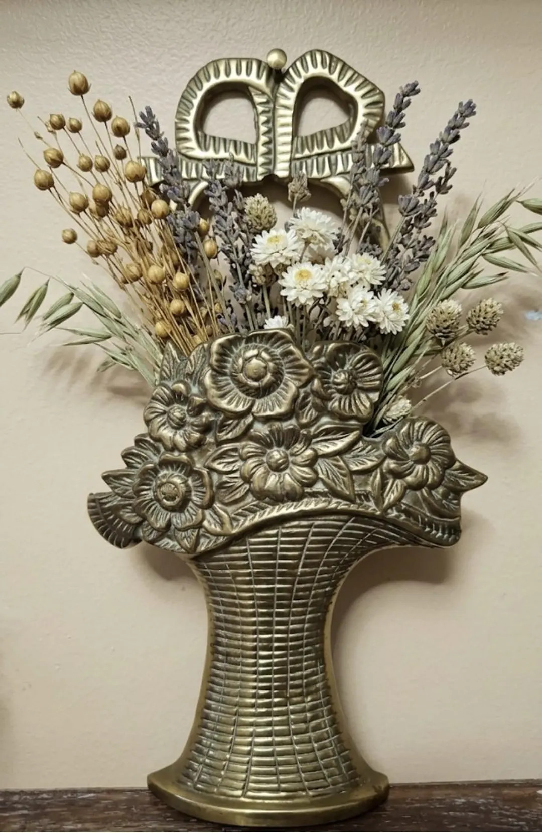 Solid Brass Flower Basket Wall Pocket – Ornate Floral Repoussé Hanging Planter | Etsy (US)