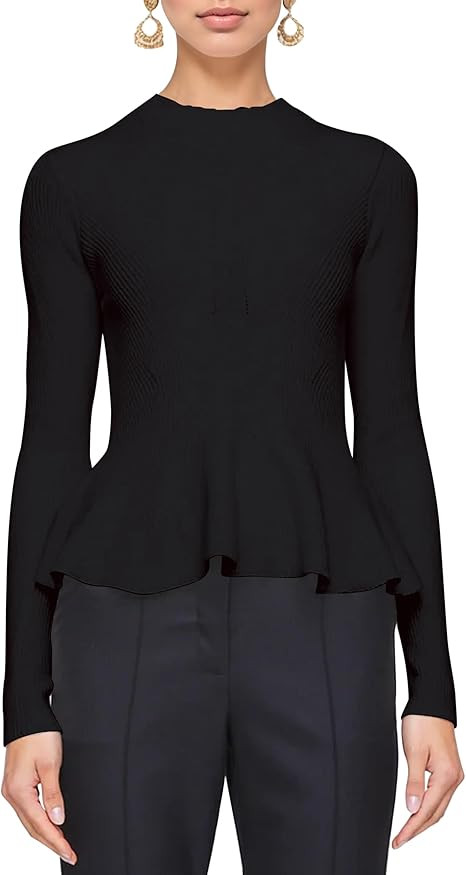 Womens Peplum Hem Crew Neck Sweater Basic Slim Fit Long Sleeve Ribbed Tunic Tops | Amazon (US)