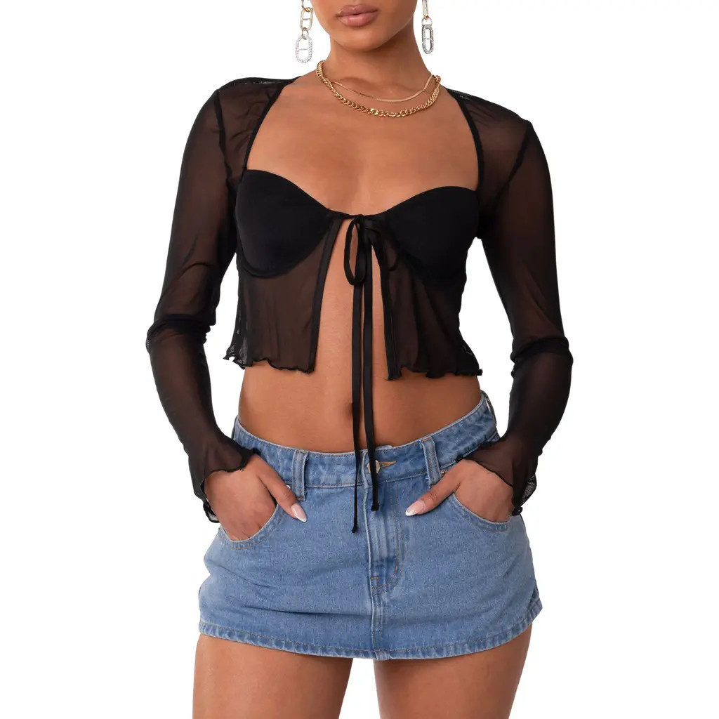 EDIKTED Mesh Long Sleeve Bra Top in Black at Nordstrom, Size Medium | Nordstrom