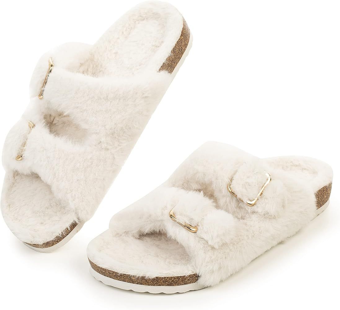 Womens Open Toe Slipper with Cozy Lining,Faux Rabbit Fur Cork Slide Sandals Size 6-11 | Amazon (US)