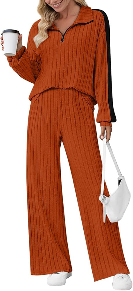 JUSTFASHIONNOW Womens 2 Piece Outfits Ribbed Knit Lounge Sets Cozy Half Zip Sweatsuit Sets Wide L... | Amazon (US)