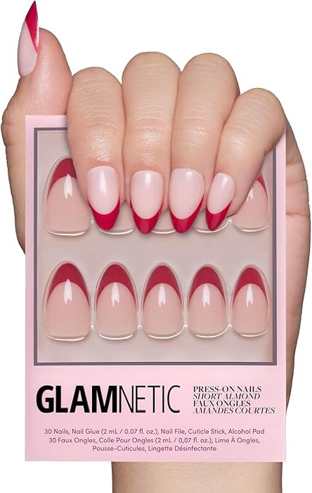 Glamnetic Press On Nails - Rose Garden | Semi-Transparent Red French Tip Short Almond Fake Nails ... | Amazon (US)