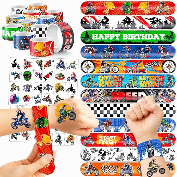 72 PCS Dirt Bike Party Favors - 48 Temporary Pre-Cut Tattoos & 24 Slap Bracelets – Fun Party Fa... | Amazon (US)