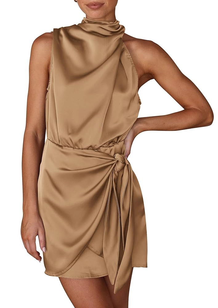 PRETTYGARDEN Women's Short Formal Satin Dress Summer Sleeveless Mock Neck Tie Waist Cocktail Part... | Amazon (US)