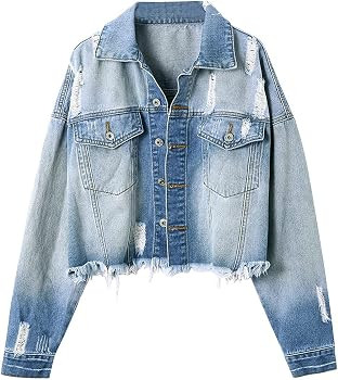 Women's Jean Jacket Cropped Distressed Denim Jacket Long Sleeve Button Down Jean Jacket For Women | Amazon (US)