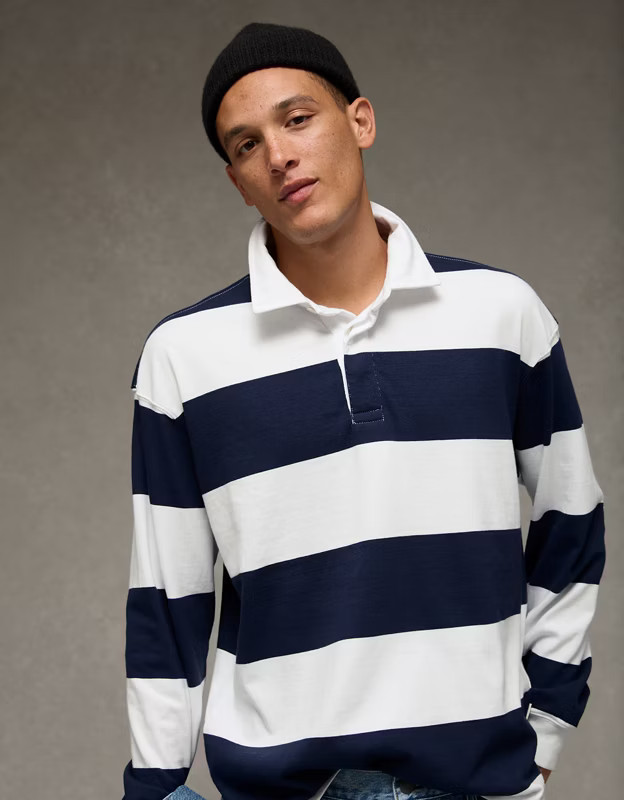 AE Long Sleeve Boxy Rugby Polo Shirt | American Eagle Outfitters (US & CA)