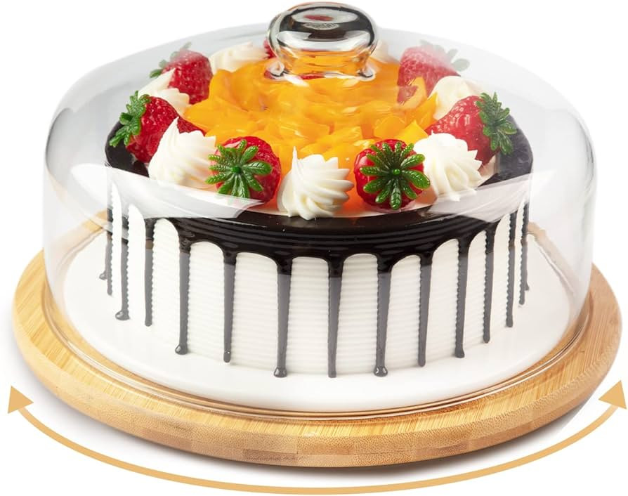 11 Inch Bamboo Cake Stand with 10 Inch Glass Dome Cover, ANMEISH Rotating Cupcake Display Plate w... | Amazon (US)