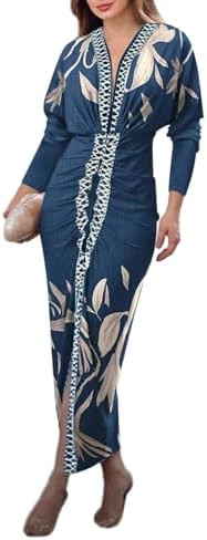 CHICME Women's Bodycon Long Sleeve Dress Casual Plunge V Neck Ruched Midi Dress Fall Bodycon Slit... | Amazon (US)