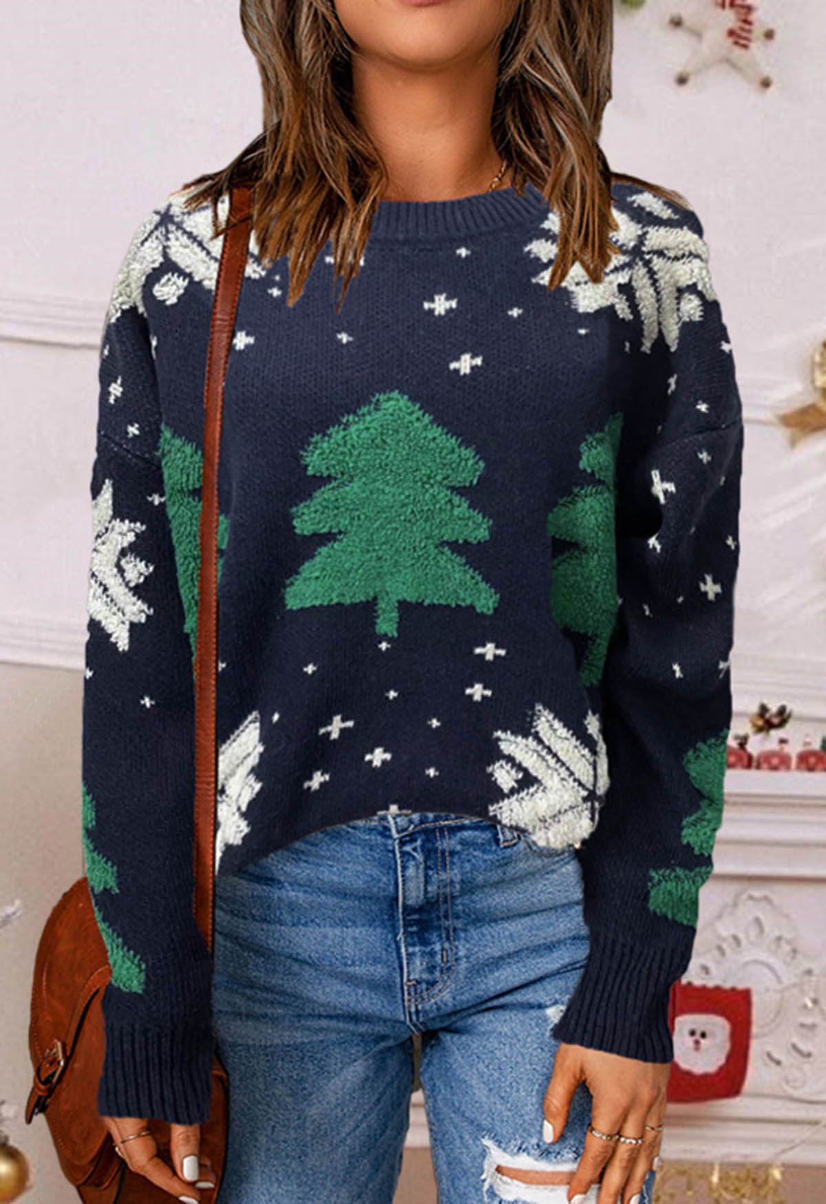 Christmas Tree and Snowflake Jacquard Knit Sweater in Indigo | Chicwish