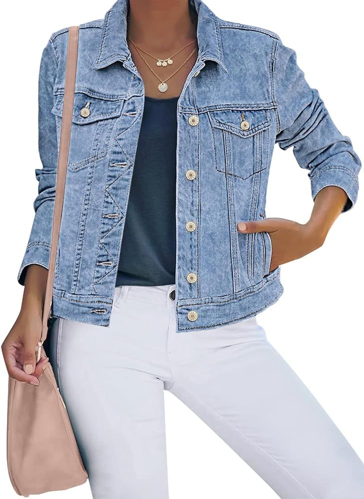 luvamia Women's Basic Button Down Stretch Fitted Long Sleeves Denim Jean Jacket | Amazon (US)