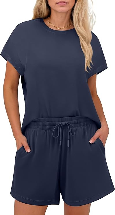 PINSPARK 2 Piece Sets for Women Summer Crewneck Matching Shorts Lounge Set with Pockets Casual Tr... | Amazon (US)