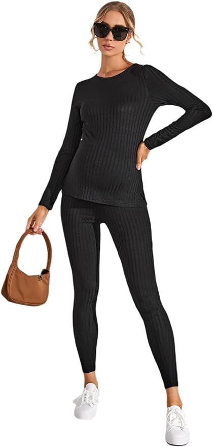 SOLY HUX Women's Maternity Sets 2 Piece Outfits Long Sleeve Split Hem Top and Adjustable Elastic ... | Amazon (US)