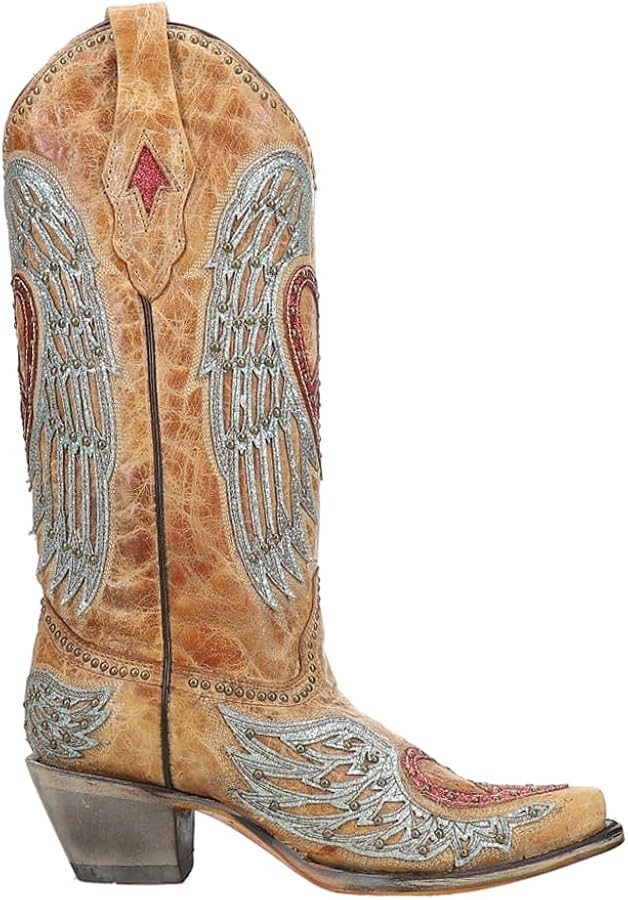 CORRAL LADIE'S SAND HEART & WINGS OVERLAY & EMBROIDERY & STUDS, SNIP TOE, LEATHER SOLE, WESTERN, ... | Amazon (US)