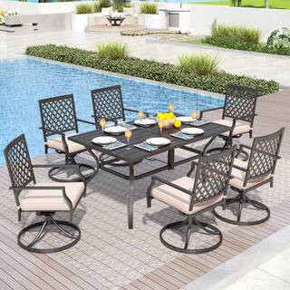 7-Piece Metal Patio Outdoor Dining Set with Slat Table and Swivel Chairs with Beige Cushions | The Home Depot