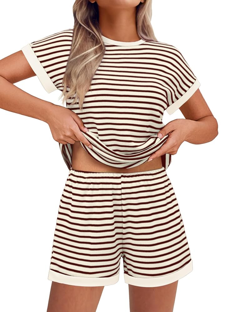 Ekouaer Waffle Knit Lounge Set Women Stripe Pajama Sets Short Sleeve Pj Tops and Shorts Matching ... | Amazon (US)