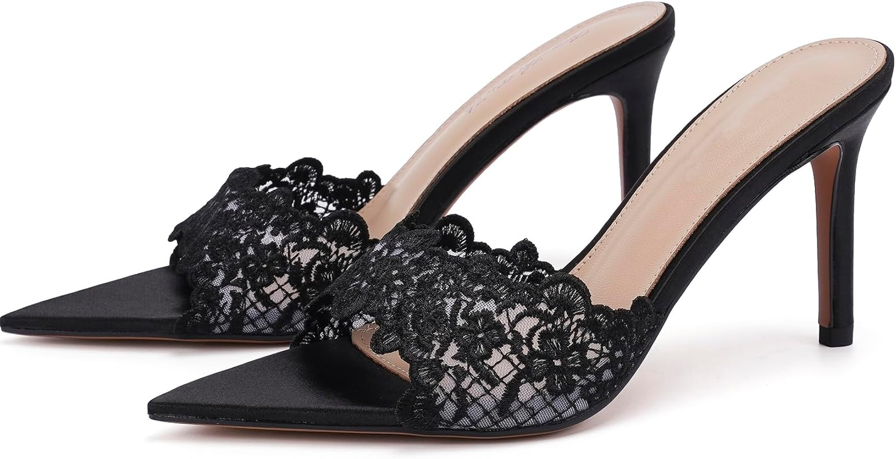 Women'S Sexy Lace Pointed Open Toe Stiletto Heel Slides Sandals Elegant Mesh Breathable Comfort S... | Amazon (US)
