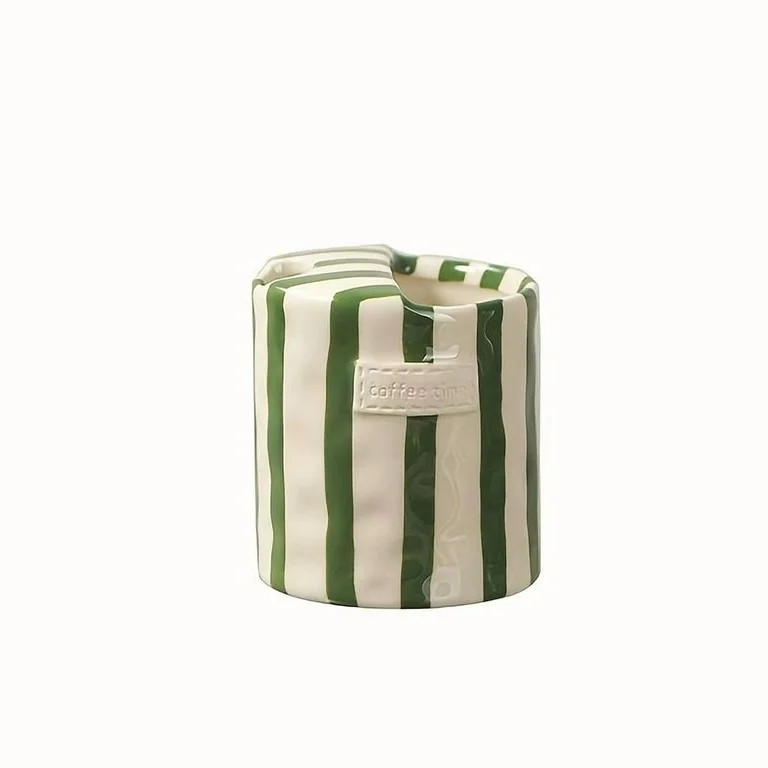 1pc European Vertical Stripe Ceramic Mug - Elegant Green & Brown stripes, Semi-Open Design for Co... | Walmart (US)