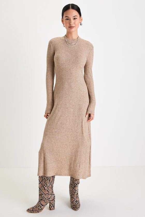 Snuggly Passion Heather Beige Ribbed Mock Neck Midi Dress | Lulus (US)