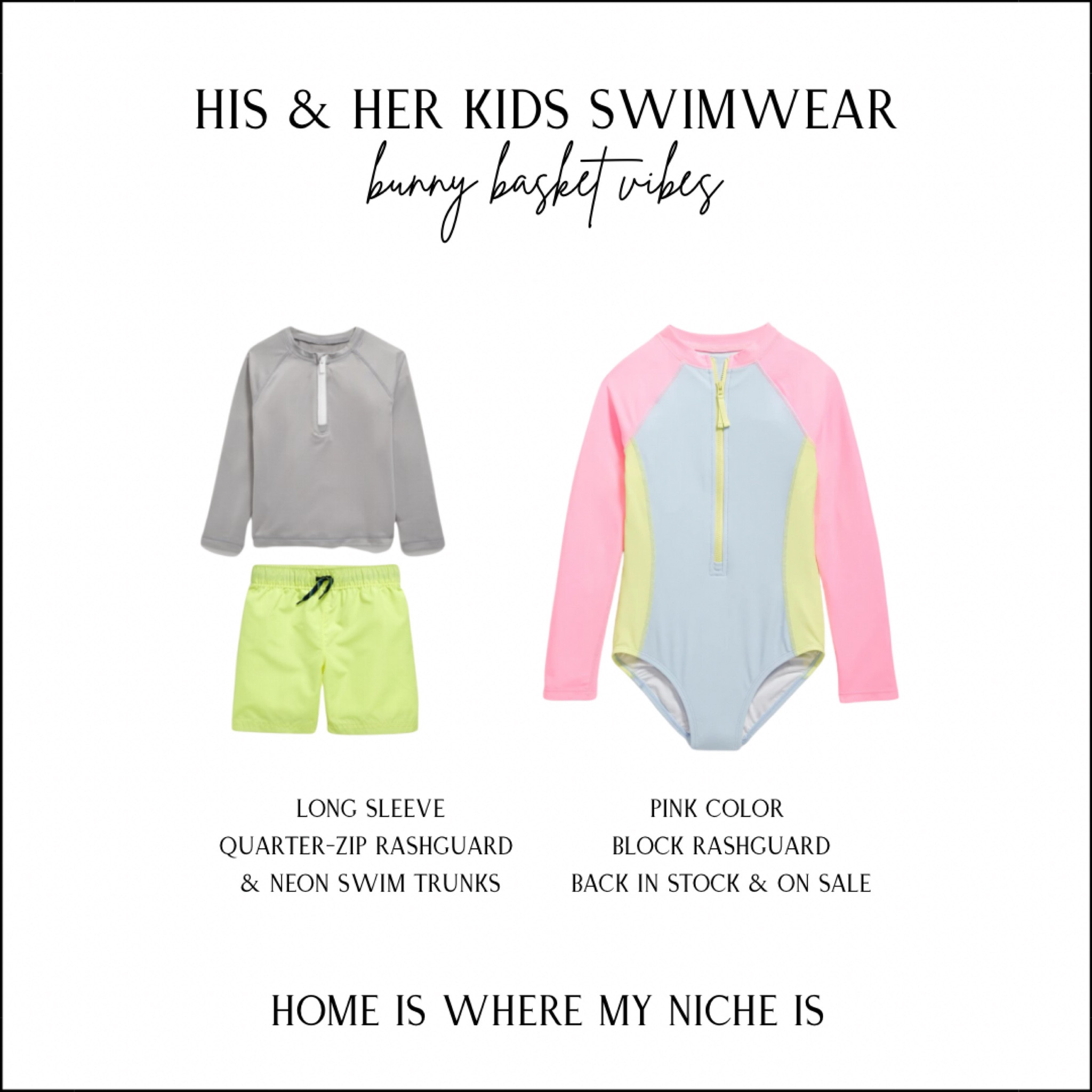 S W I M / just ordered swimwear for the kid’s easter baskets. I came across these a while ago, but they didn’t have Jade’s size, so I decided to wait. Well, she’s back in stock AND on sale 🙌🏻

Toddler Boy
+ gray long sleeve quarter-zip rashguard 
+ neon yellow swim trunks

Girls
+ zip-front one piece pink color block rashguard 

#LTKswim #LTKSeasonal #LTKkids