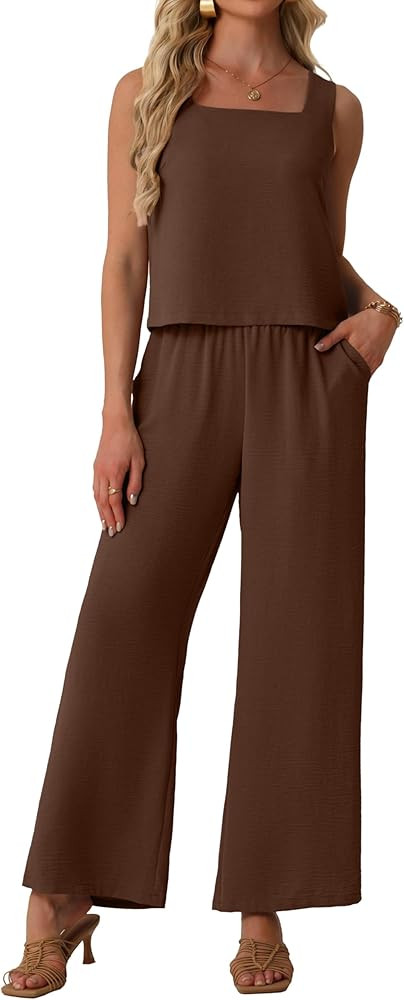 Lepunuo Women Summer 2 Piece Sets Square Neck Sleeveless Crop Tops Wide Leg Pants Matching Sets T... | Amazon (US)