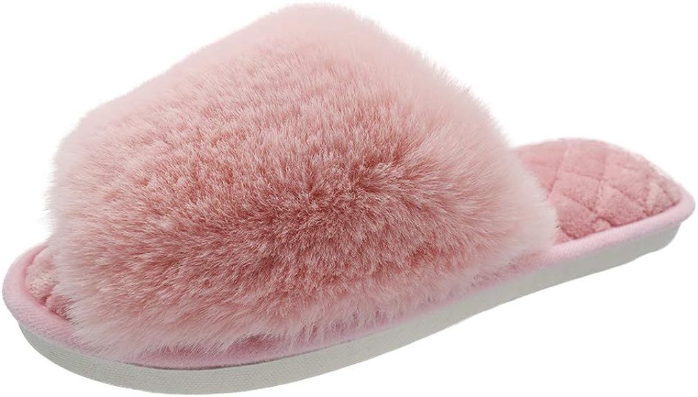 HUMIWA Women's Fuzzy Fur Flat Slippers Soft Open Toe House Slippers Memory Foam Sandals Slides Ho... | Amazon (US)