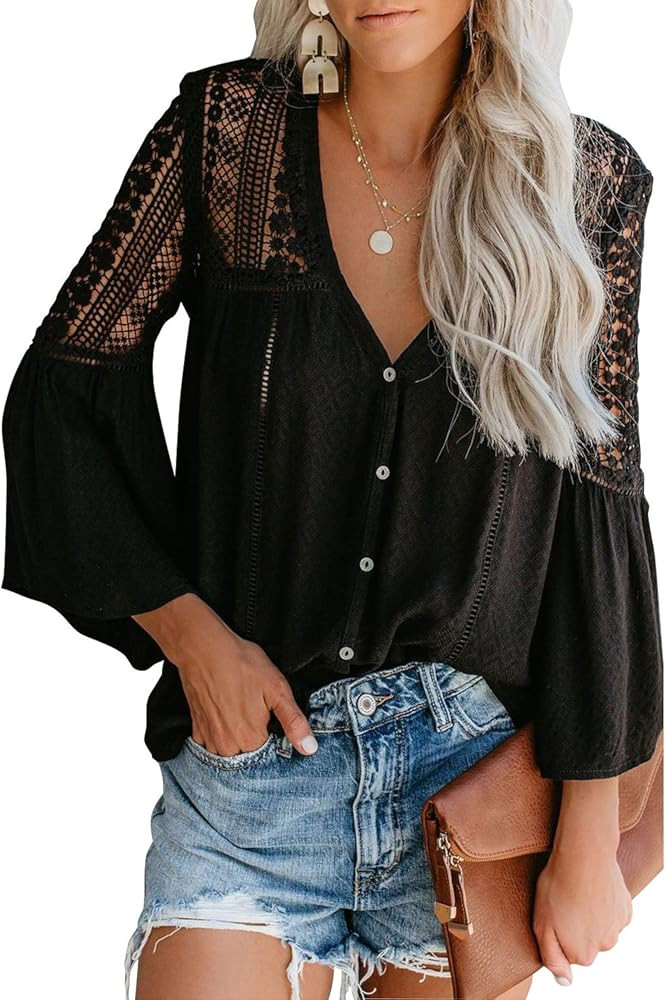 FARYSAYS Women's Lace Crochet V Neck Bell Sleeve Button Down Shirts Casual Loose Blouses Tops | Amazon (US)