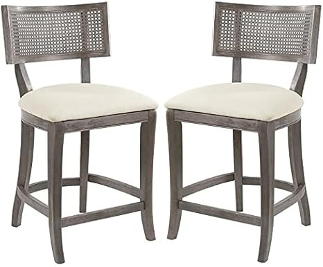 Home Square 2 Piece 26" Cane Back Linen Fabric Counter Stool Set in Cream | Amazon (US)