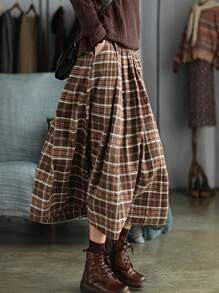 Christmas And New Year Autumn And Winter Vintage Plaid Skirt, Coffee-Colored High-Waist Flared A-... | SHEIN
