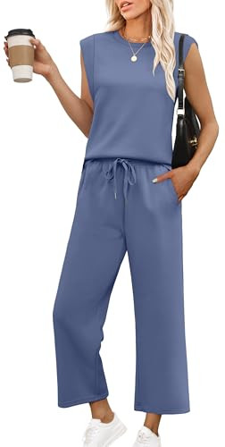 OFEEFAN 2 Piece Sets for Women Matching Sets Women Clothing Business Casual Outfits Spring Summer Loungewear Set Wide Leg Pants Beach Fashion Blue S | Amazon (US)