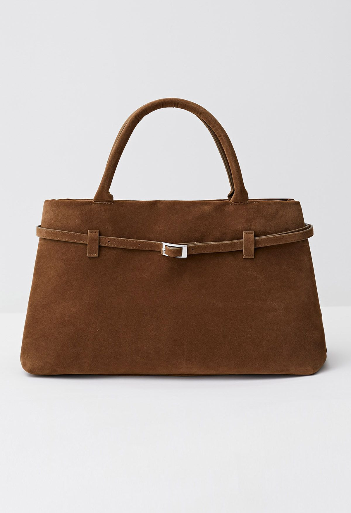 Spacious Belt Strap Faux Suede Tote Bag in Brown | Chicwish