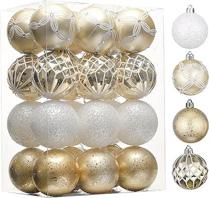 Valery Madelyn 24ct 60mm Elegant White and Gold Christmas Ball Ornaments, Shatterproof Xmas Balls... | Amazon (US)