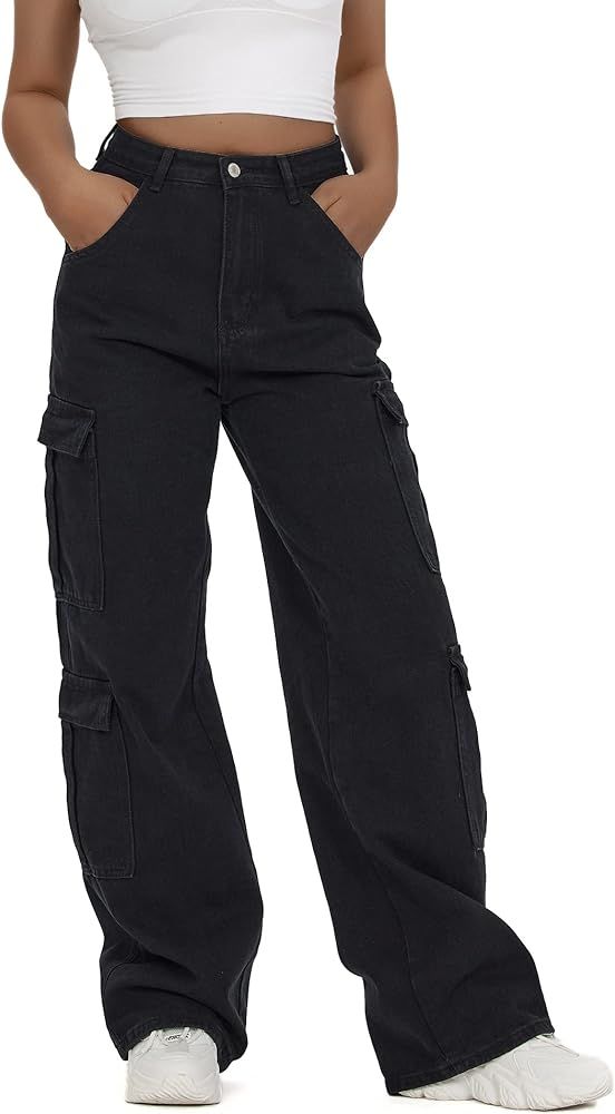 Women's High Waist Cargo Jeans Flap Pocket Baggy Cargo Pants Y2K Wide Leg Denim Jeans Y2K Streetw... | Amazon (US)