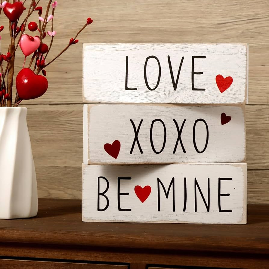 Valentines Day Decor, 3Pcs White Wooden Block Set Be Mine XOXO Love Valentines Sign, Valentines T... | Amazon (US)