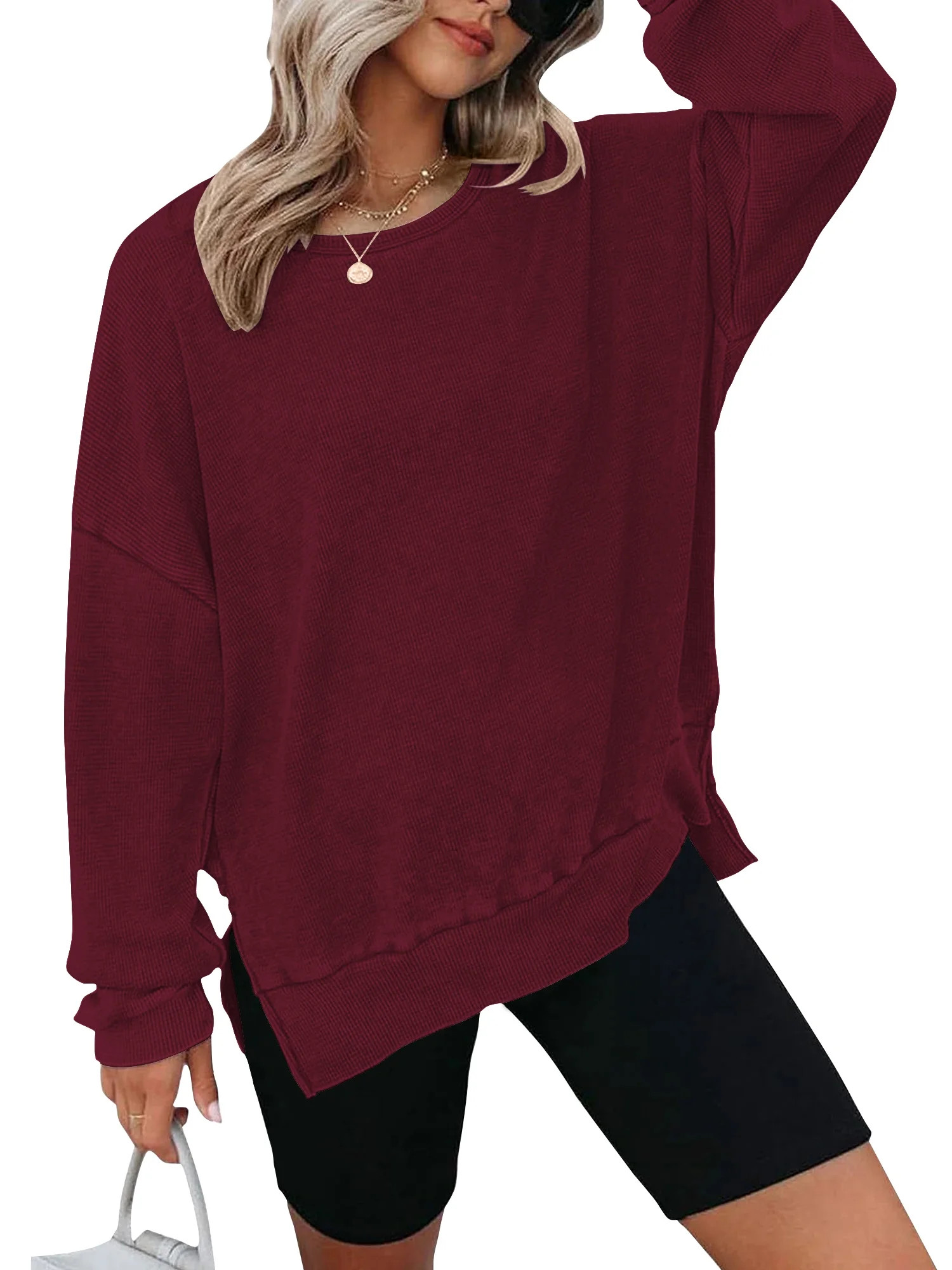 TEMOFON Womens Sweatshirts Long Sleeve Tops Blouse Waffle Knit Crew Neck Fashion Side Slits Casua... | Walmart (US)