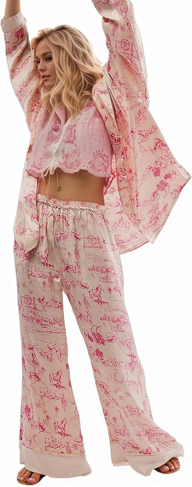 Women's 2-Piece Satin Pajama Set Floral Silk Sleepwear Set Soft Printed Oversized Pajama Lightwei... | Amazon (US)