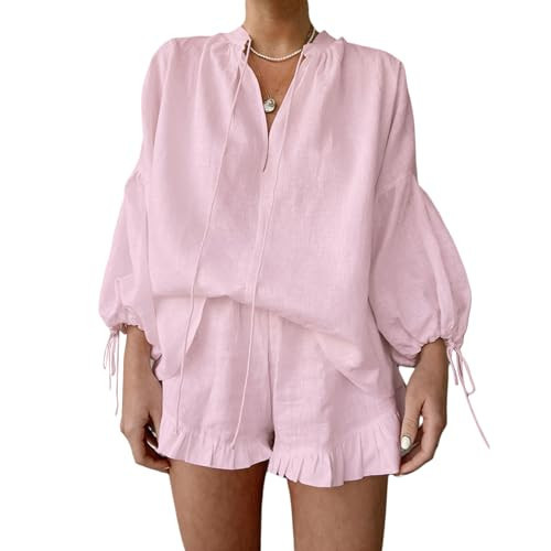 Mxiqqpltky Linen Shorts Sets Women 2 Piece Outfits Long Sleeve Tie Front Tops and Ruffled Boxer Shorts Matching Lounge Sets(Pink,Small) | Amazon (US)