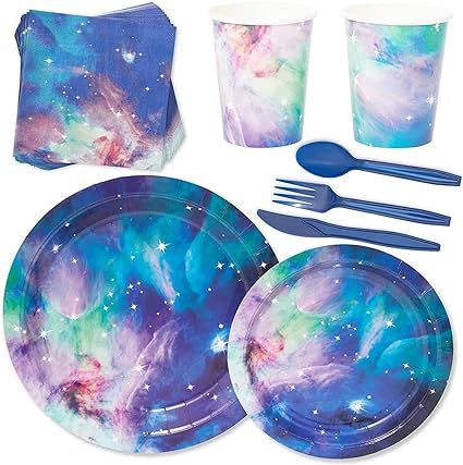 BLUE PANDA 168 Pieces Galaxy Party Supplies with Paper Plates, Napkins, Cups, and Cutlery for Out... | Amazon (US)
