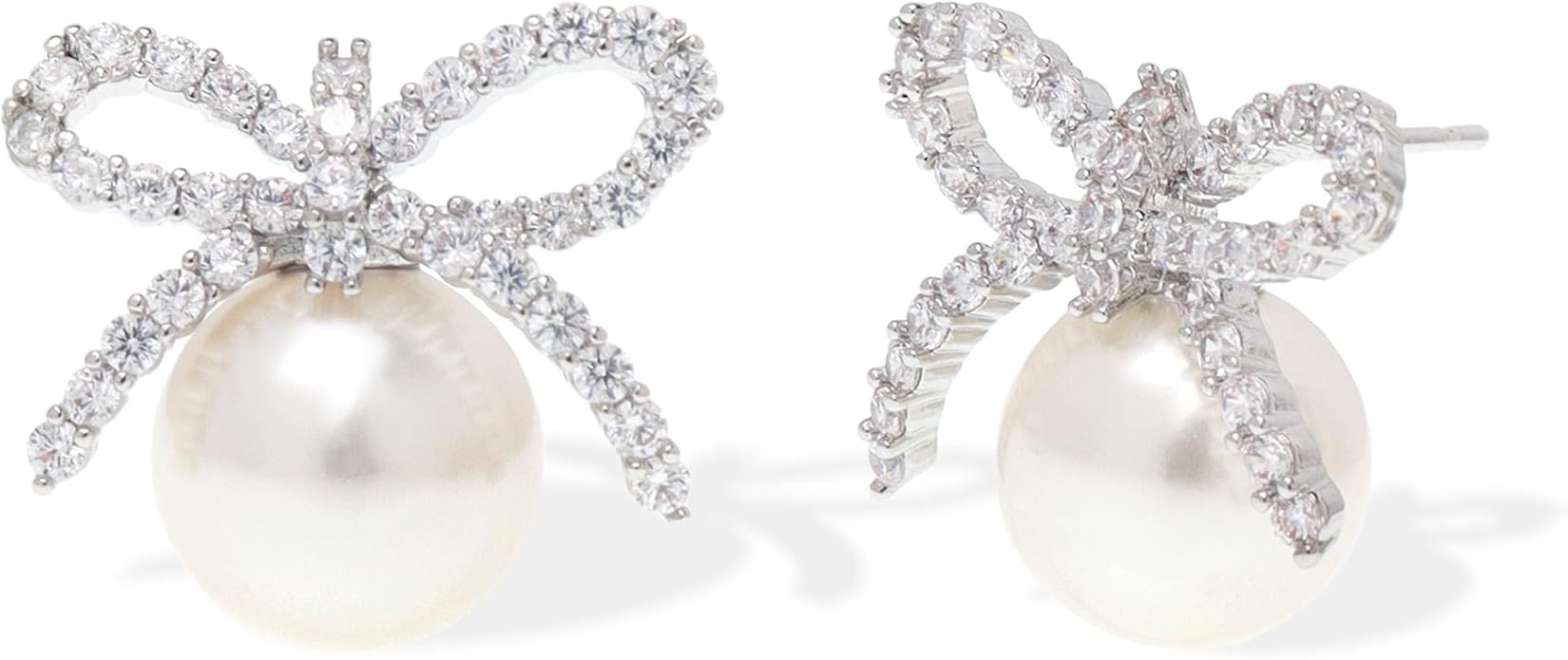 Jean Beau Pearl Bow Stud Earrings for Women, Christmas Dainty Pearls Cubic Zirconia Heart Earring... | Amazon (US)