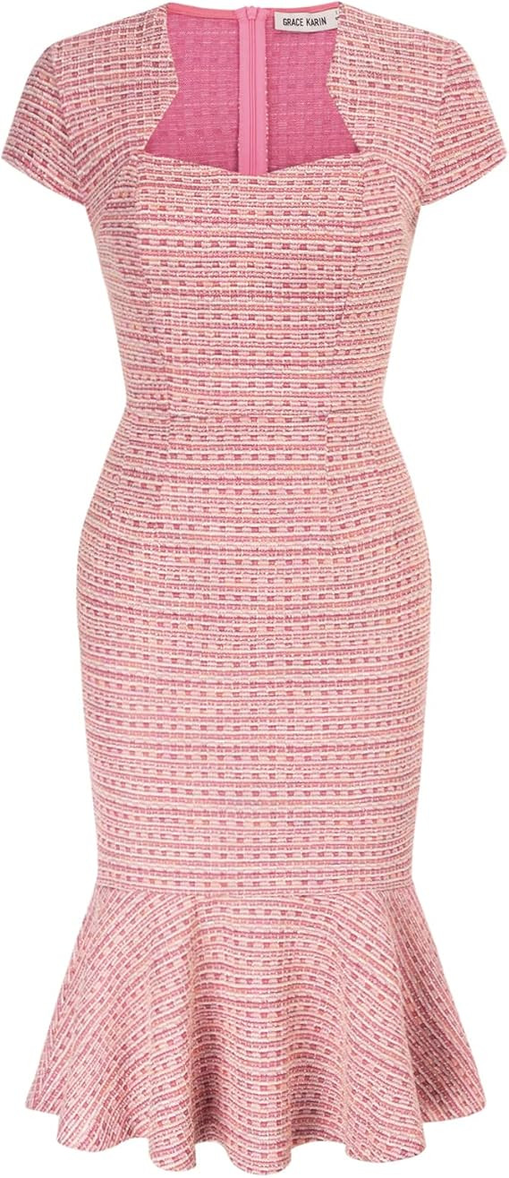 GRACE KARIN Womens Elegant Cap Sleeve Fishtail Midi Tweed Bodycon Dress | Amazon (US)