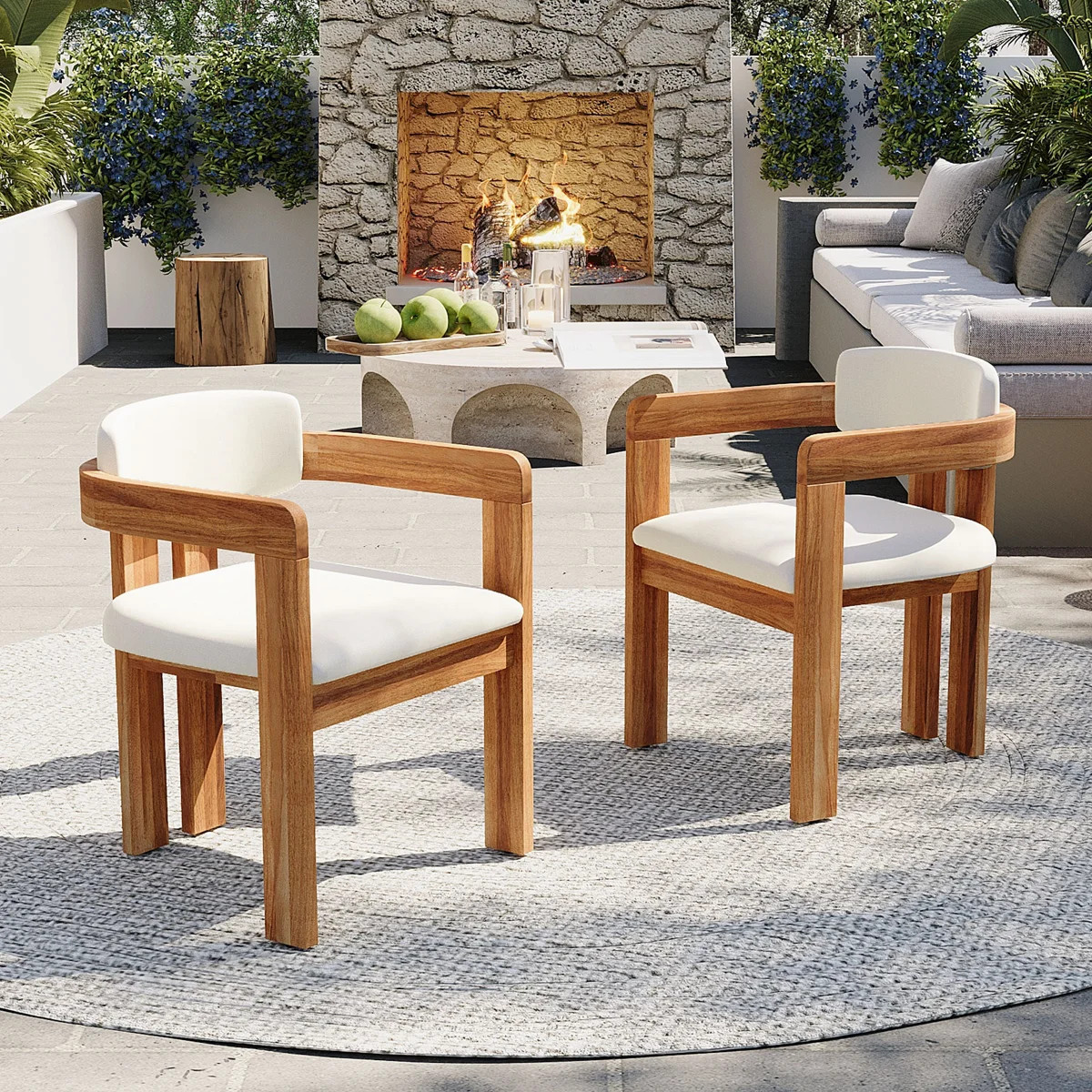 Set Of 2 Outdoor Acacia Wood Dining Chairs With Cushions, Modern Solid Wood Armchairs With Weathe... | Wayfair North America