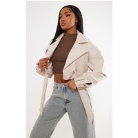 Stone Oversized Belted Hem Cropped Biker Jacket | PrettyLittleThing UK