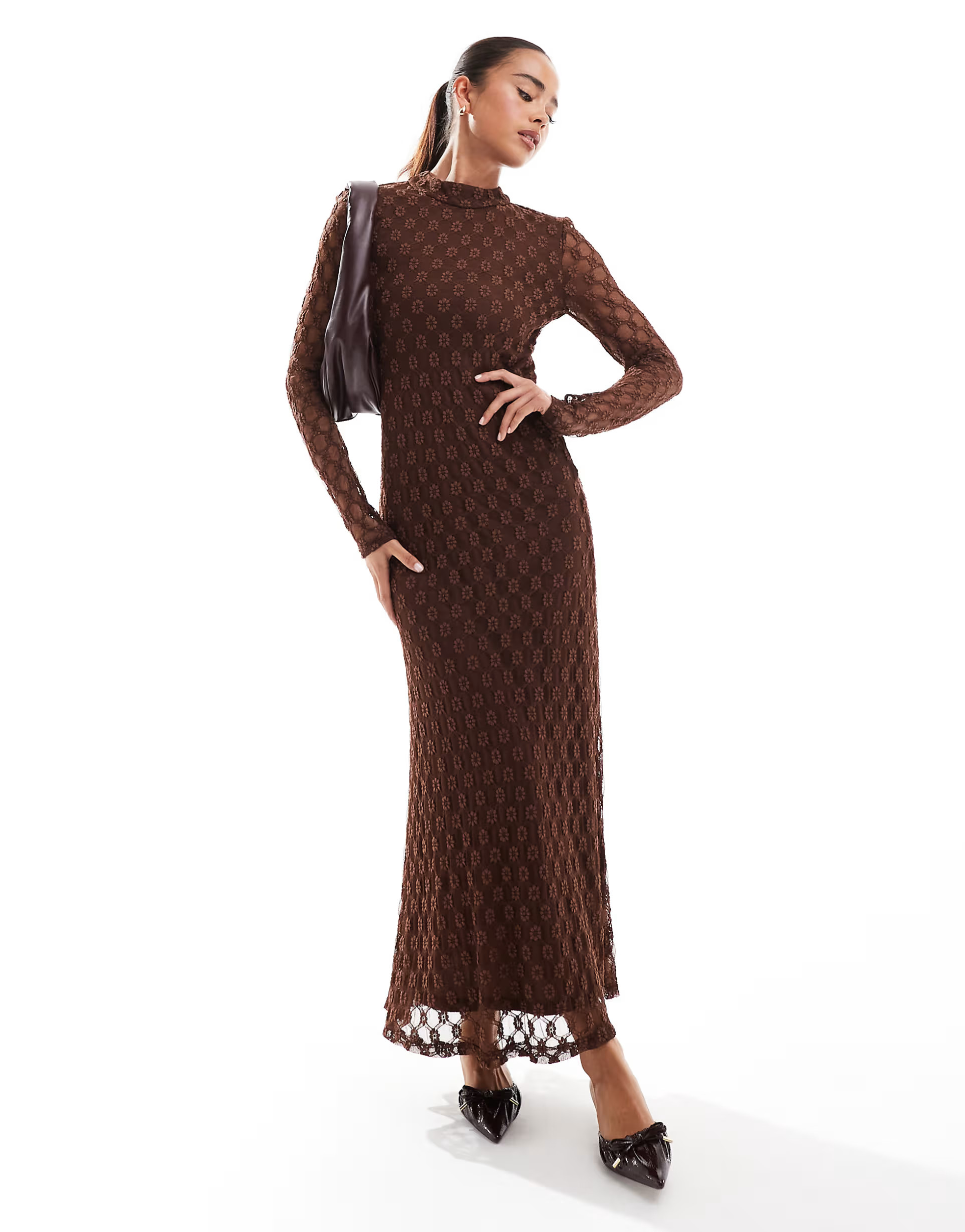 Bardot long sleeve lace maxi dress in chocolate | ASOS (Global)