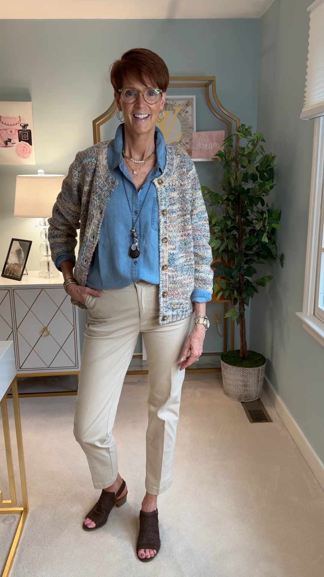 Wearing a medium in the top and the sweater and an 8 in the pants.

Hey fashion lovers! Today, I'm excited to share a chic and versatile fall outfit from Coldwater Creek that perfectly embodies timeless, classic, everyday style. Whether you're heading to the office or enjoying a casual day out, these pieces will have you looking effortlessly stylish.

🌟 Chambray Shirt: A must-have wardrobe staple, this chambray shirt is soft, breathable, and perfect for layering. Its classic fit and timeless appeal make it a versatile piece for any season.

🍁 Multi Fall Color Cardigan: Add a pop of autumn hues to your look with this cozy cardigan. The rich fall colors and comfortable knit make it ideal for staying warm and stylish.

👖 Khaki Flat Front Chino Pants: These khaki chinos offer a polished yet relaxed vibe. Their flattering fit and neutral tone make them a perfect match for any top or accessory.

👡 Brown Open Toe Sling Backs: Elevate your outfit with these elegant sling backs. The open toe design adds a touch of sophistication, while the brown hue complements any ensemble.

💎 Multi Stone Necklace: This stunning necklace features a mix of stones that add a touch of glamour to your outfit. It's the perfect statement piece to complete your look.

👜 Felted Wool Clutch: Carry your essentials in style with this felted wool clutch. The neutral tones make it a versatile accessory that pairs beautifully with any outfit.


#LTKFindsUnder100 #LTKOver40 #LTKStyleTip