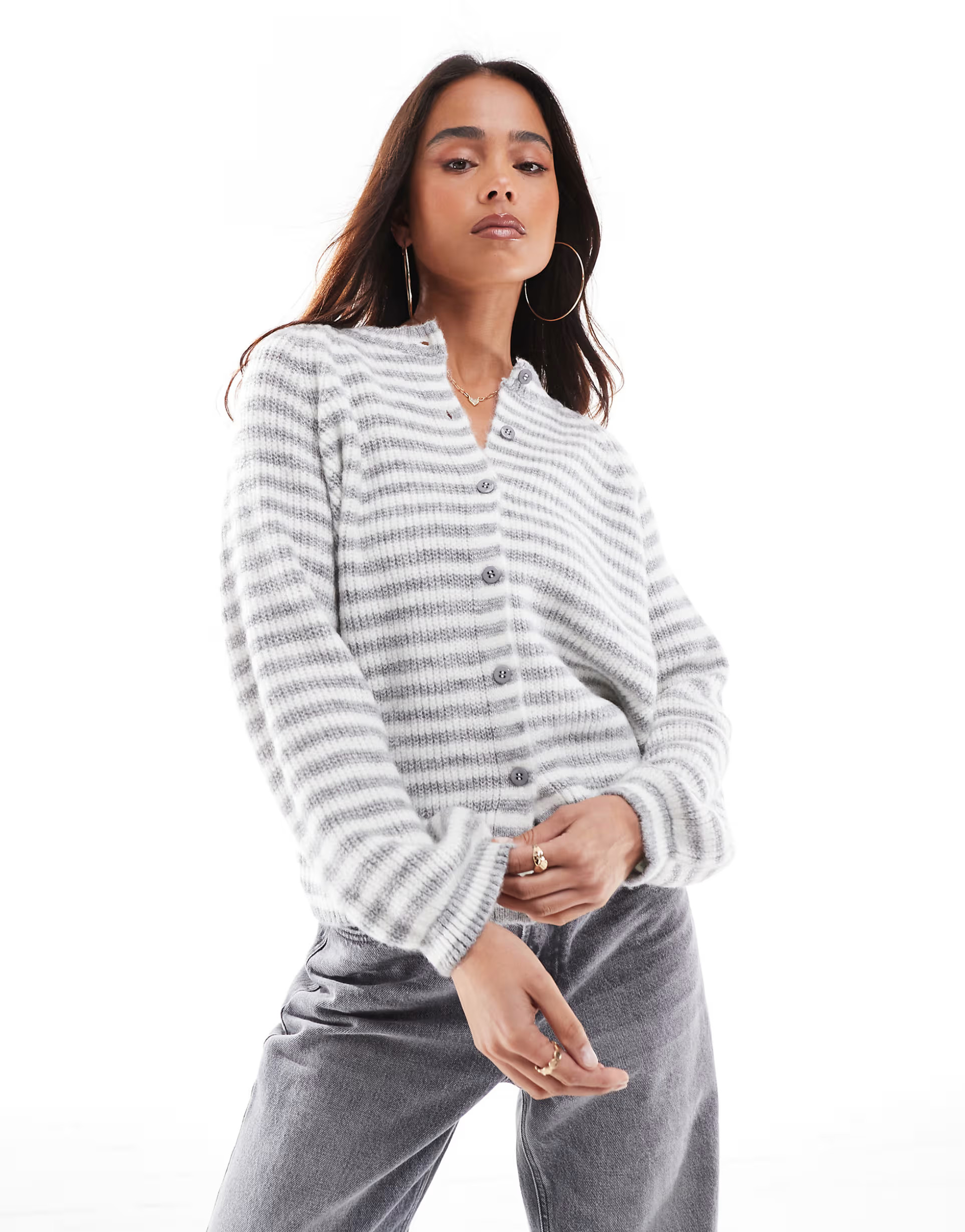 ASOS DESIGN knitted raglan cardigan in grey stripe | ASOS (Global)