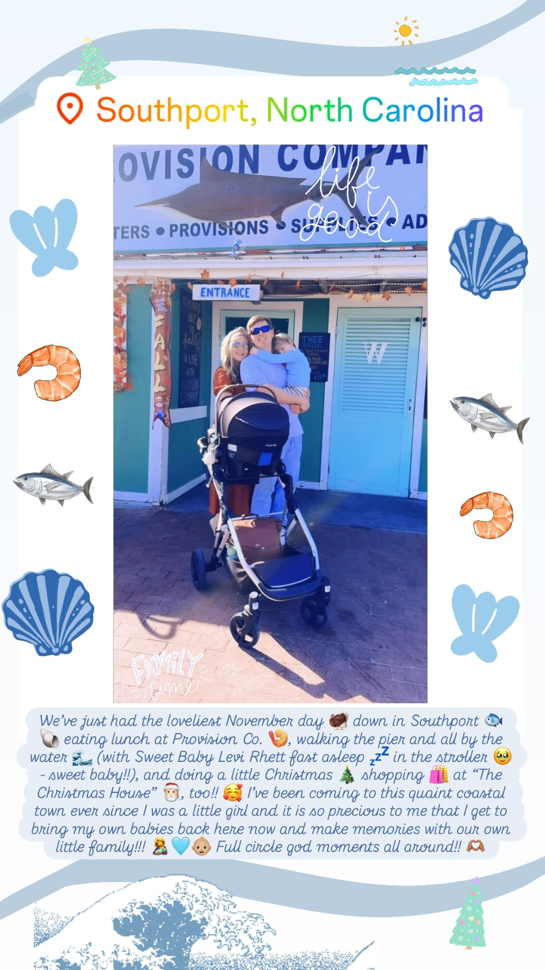 We’ve just had the loveliest November day 🦃 down in Southport 🐟🐚 eating lunch at Provision Co. 🍤, walking the pier and all by the water 🌊 (with Sweet Baby Levi Rhett fast asleep 💤 in the stroller 🥹 - sweet baby!!), and doing a little Christmas 🎄 shopping 🛍️ at “The Christmas House” 🎅🏻, too!! 🥰 I’ve been coming to this quaint coastal town ever since I was a little girl and it is so precious to me that I get to bring my own babies back here now and make memories with our own little family!!! 🤱🩵👶🏼 Full circle god moments all around!! 🫶🏽

#LTKTravel #LTKBaby #LTKFamily