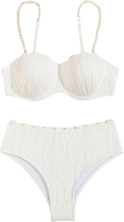 MakeMeChic Women's High Waisted Bikini Sets Textured Beaded Scallop Trim Triangle Bathing Suit Sw... | Amazon (US)