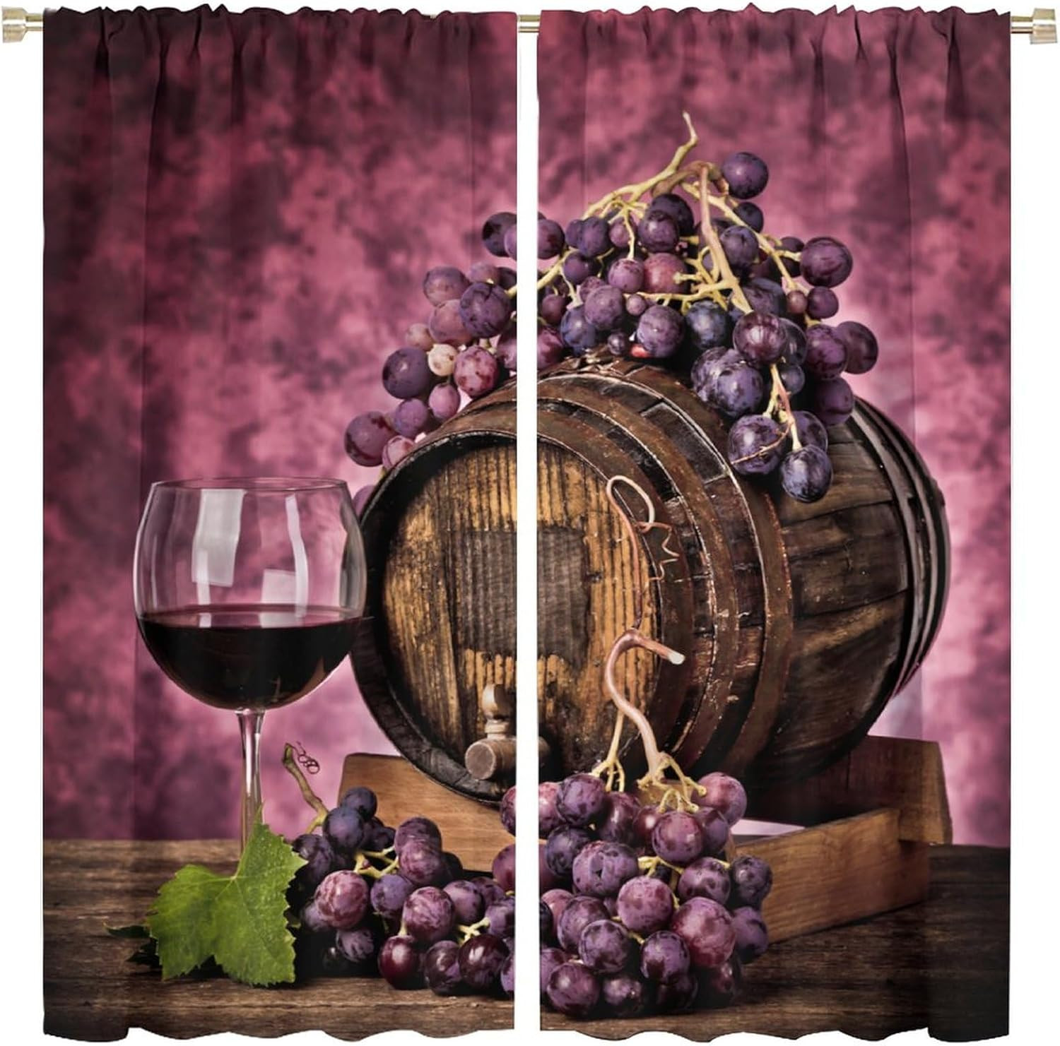Wine Kitchen Curtains Fresh Grapes Fruit Decor Wine Wooden Cask Purple Bedroom Living Room Blacko... | Amazon (US)