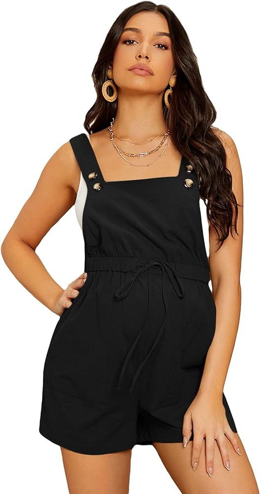 OYOANGLE Women's Maternity Button Sleeveless Drawstring High Waist Short Overall Casual Romper wi... | Amazon (US)
