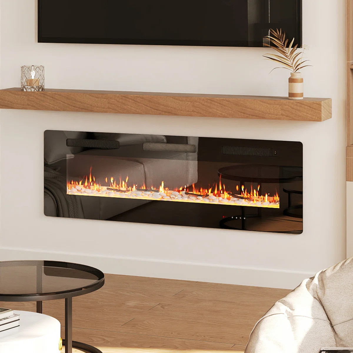 Ultra-thin Electric Fireplace, Recessed & Wall Mounted Heater, Crystal Stone & Log, Timer | Wayfair North America