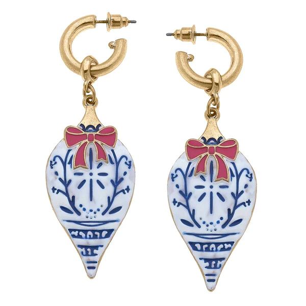 Noelle Chinoiserie Christmas Ornament Earrings in Blue, White & Pink Enamel | CANVAS